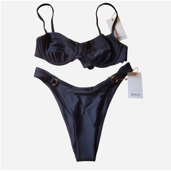 Quince Other - Quince Italian Demi Bikini Top & High Leg Ring Bottom Set Size S Black Beach